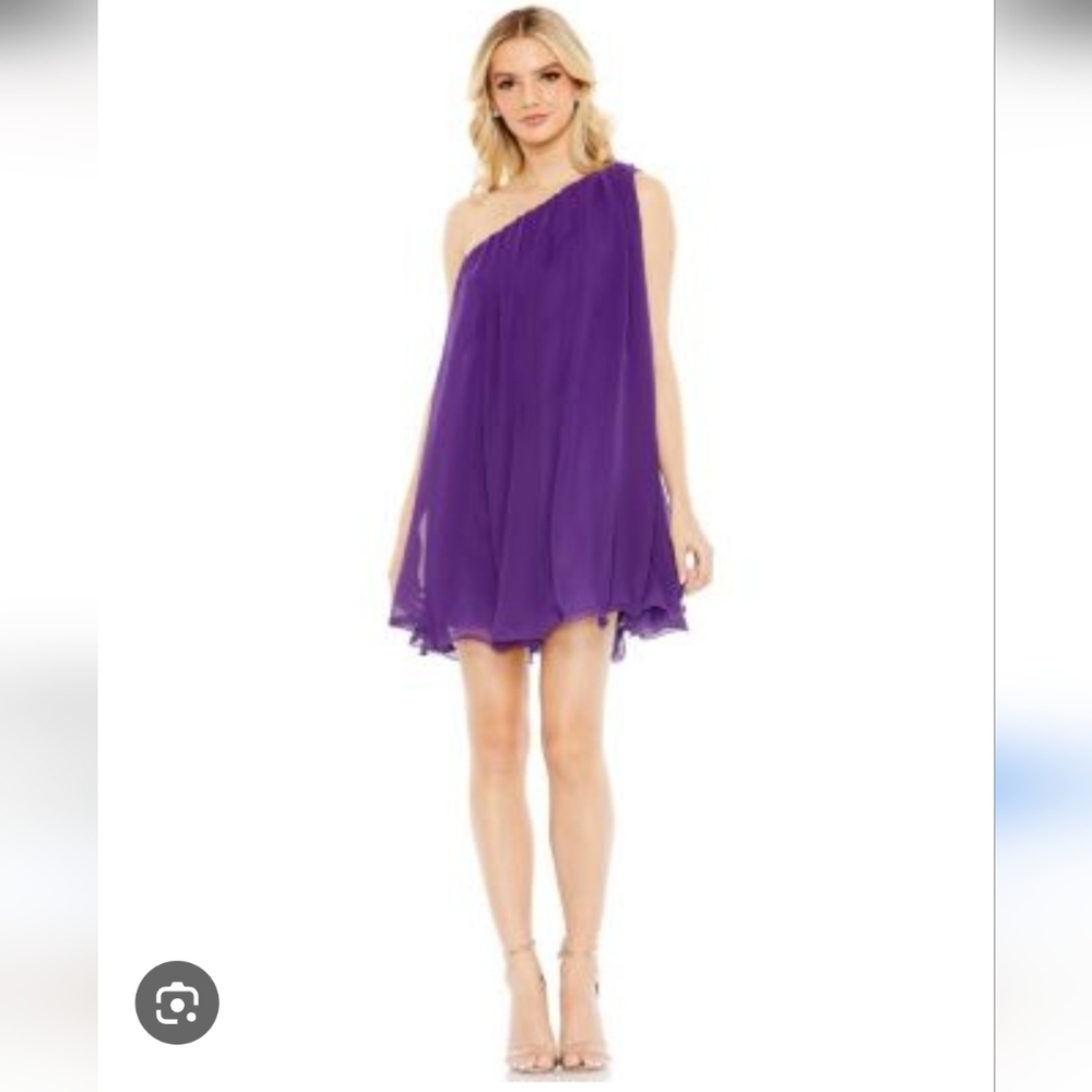 Mac Duggal Purple One Shoulder Flowy Chiffon Mini Dress.